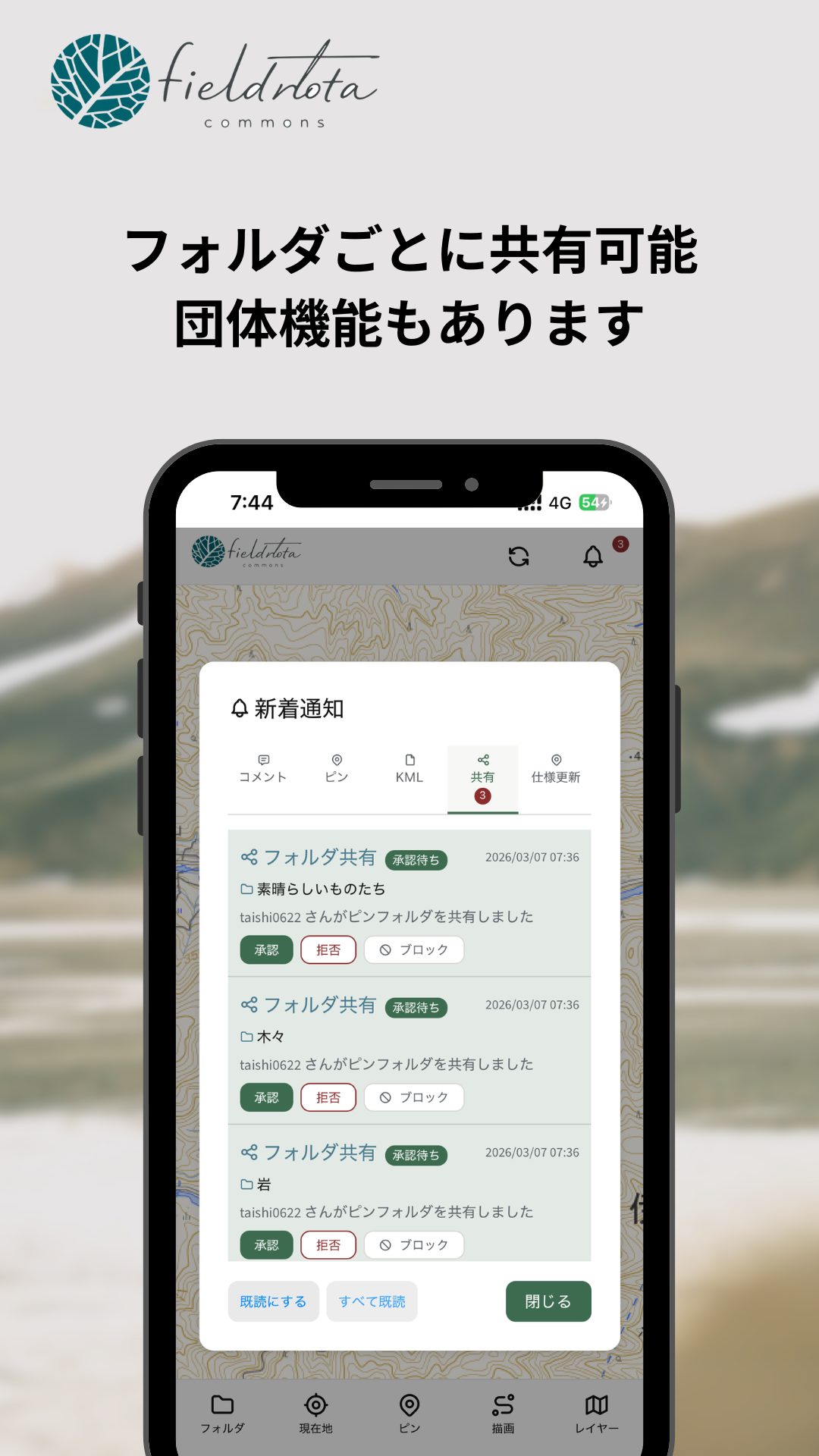 Fieldnota フォルダ共有・団体機能